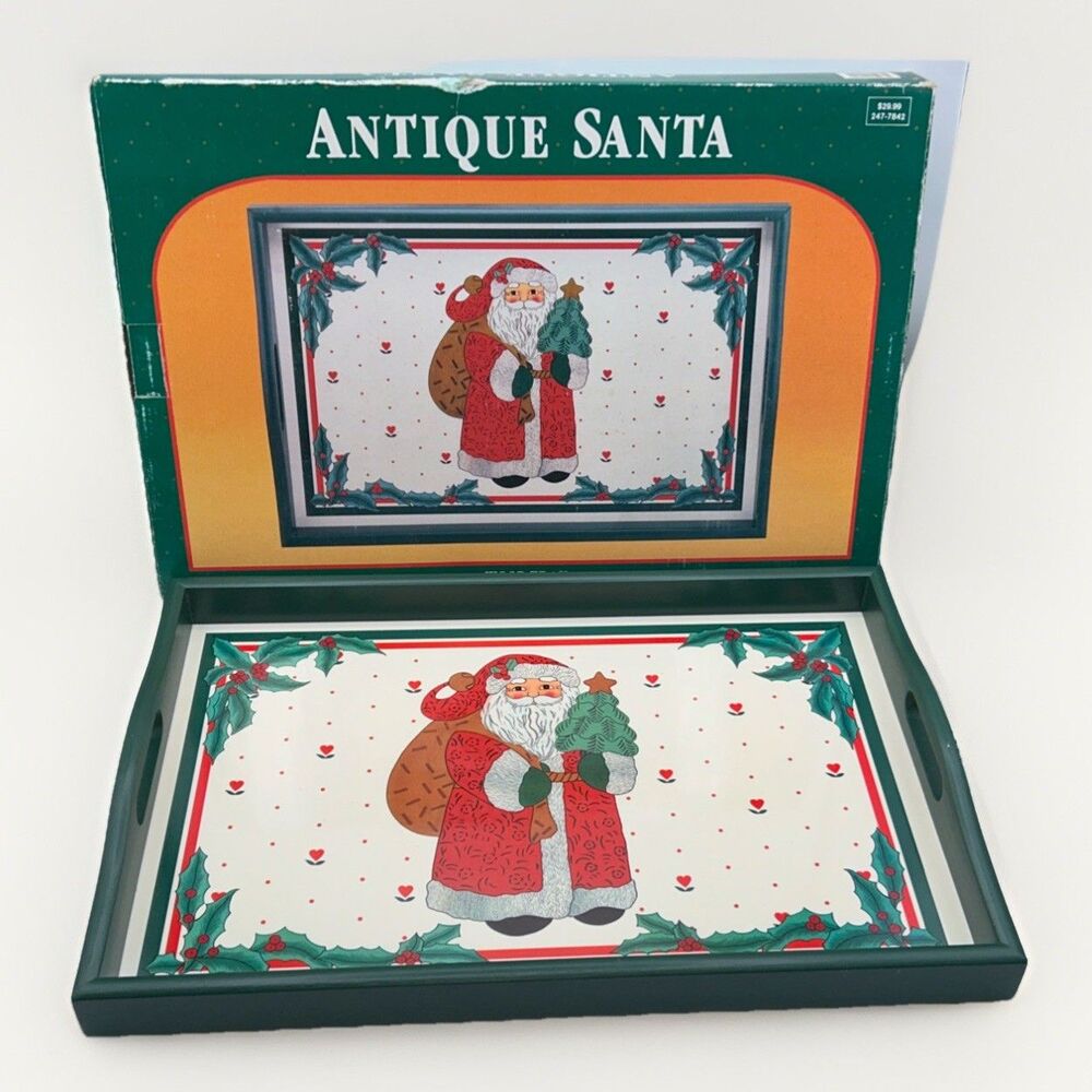 VTG Wooden Christmas Serving Tray "Antique Santa" Handles Taiwan 17x12 Box 1993!